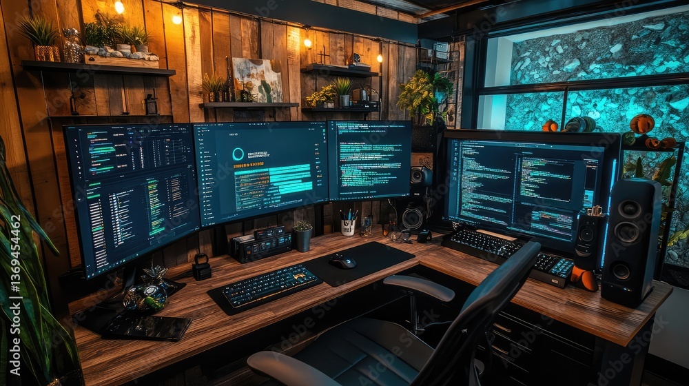 Poster a professional workspace featuring a computer with dual monitors displaying a business presentation,