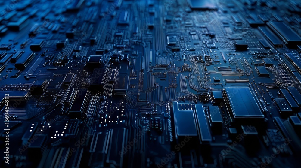 Poster circuit board: a blue, detailed view of complex circuitry and microchips interconnected on a printed
