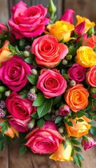 Naklejka premium Rustic bouquet of vibrant roses and lush greenery, country style, arrangement, image