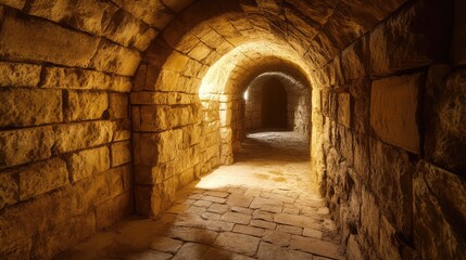 Obraz premium A rustic underground tunnel with rough walls, old stone bricks, and dim lighting, evoking a sense of history and secrecy.