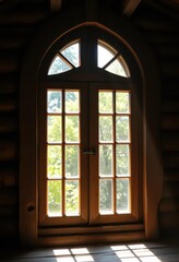 Obraz premium Rustic wooden arched window, sunlight streaming through, sunlight, light