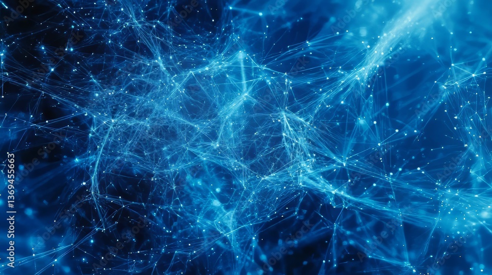 Poster abstract network of glowing lines and dots against a dark blue background, creating a futuristic eff