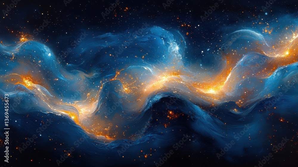 Poster abstract swirling pattern on silk fabric with paint-like effect in deep blue and golden hues to crea