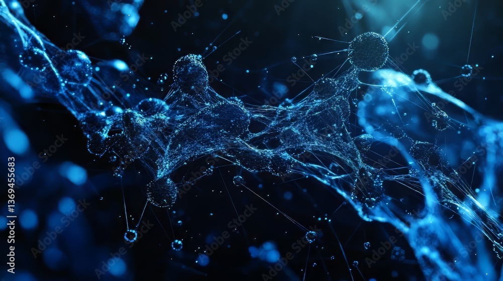 Poster abstract blue network: interconnected spheres linked by glowing strands suggesting a complex system.