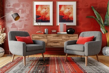 Red and Grey Living Room Interior with Armchairs and Drawer, Posters Mock Up