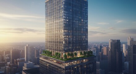 Obraz premium Modern skyscraper elegantly rises above city skyline warm sunrise light. AI Generated