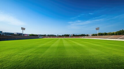 Naklejka premium A sweeping view of a vast, empty sports stadium, with rows of pristine seating and a well-maintained playing field under clear skies.