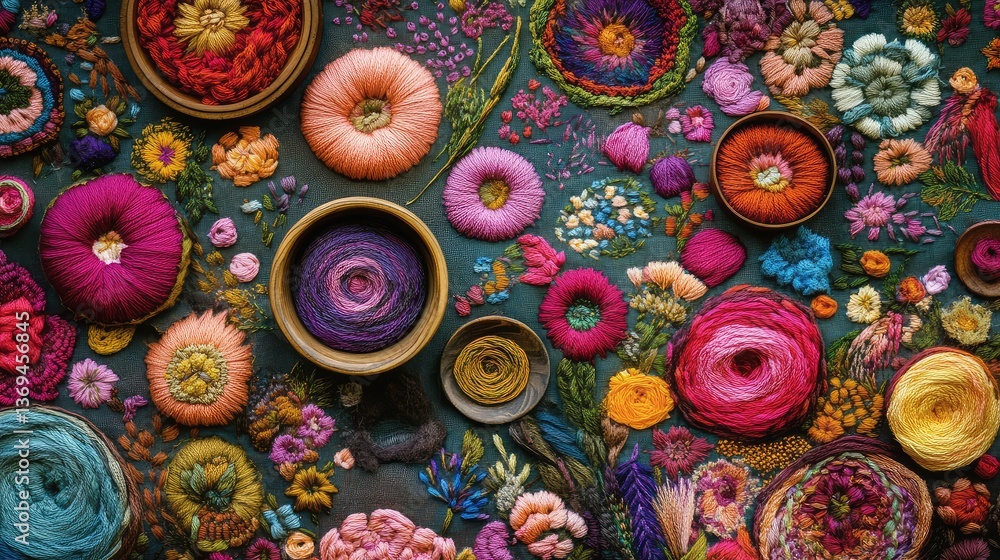 Poster a top view of a hand-stitched embroidery project with floral patterns and colorful threads.