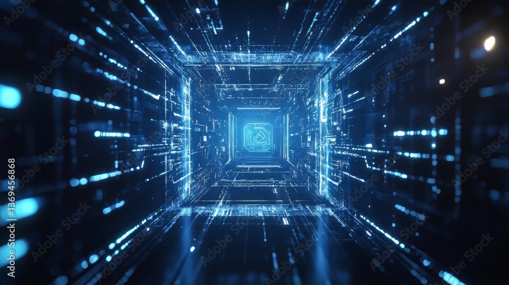 Poster futuristic digital tunnel with glowing blue lines and patterns, representing advanced technology.