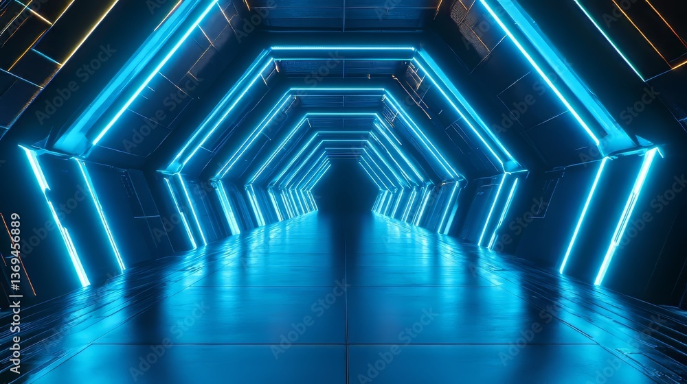 Poster illuminated tunnel: blue light lines create a futuristic, repeating hexagonal pattern along a corrid