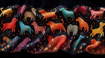 Vibrant silk fabric with pixel art pattern featuring playful dogs in diverse colors on a deep black background, perfect for creative textile projects