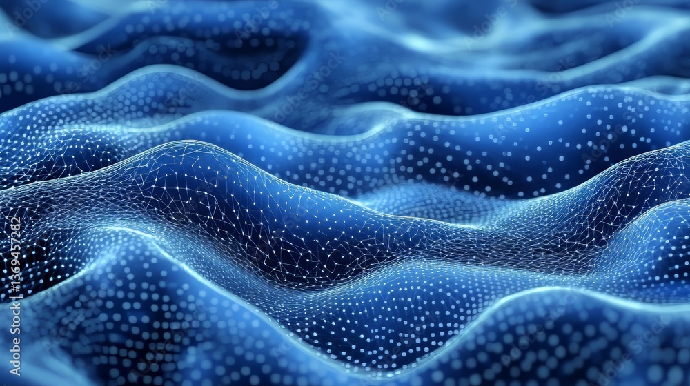 Poster abstract network of interconnected nodes forming a dynamic, undulating, blue terrain with white dots