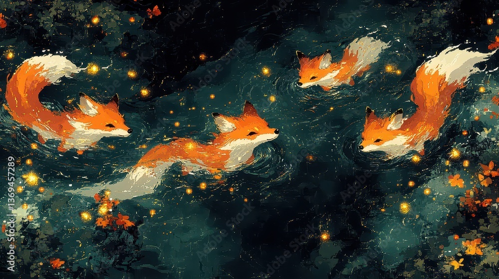 Poster enchanting pixel art pattern featuring playful foxes amidst a dreamy fabric design with subtle flora