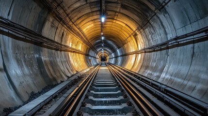 Obraz premium A train tunnel with long, parallel tracks disappearing into the distance, surrounded by concrete walls, evoking a sense of motion and travel.