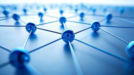 Connected network of shiny blue spheres linked by thin lines on a blue background. Geometric design.