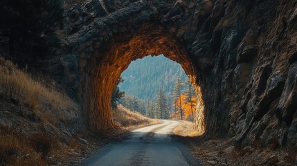 A tunnel carved into a mountain, with rock walls and a faint light at the end, offering a quiet, peaceful passage through nature.