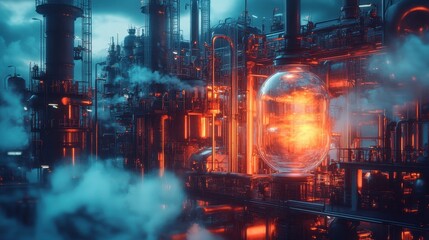 Cracking units made of liquid, reactor vessels floating inside a glowing aura, pipes flowing like water in an ethereal industrial landscape.