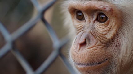 A close-up of a thoughtful monkey behind a fence highlights the poignant need for animal conservation and empathy for wildlife.