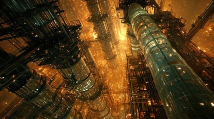 Towering cracking units made of glass, reactor vessels flickering like stars, pipes shifting and reshaping in a strange, dreamlike petrochemical facility.