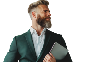 Png of Confident man with a beard in a stylish suit, holding a tablet while smiling, exuding professionalism and charm on transparent background.
