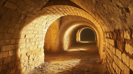 A tunnel with high, arched stone walls, lit by soft golden light, creating a sense of grandeur and mystery.