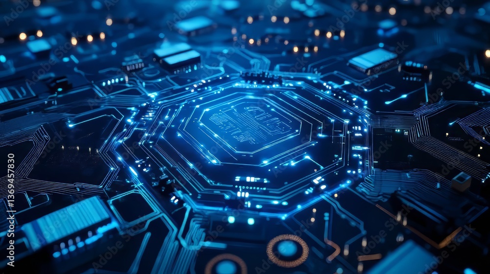 Poster glowing circuit board: intricate network of blue illuminated pathways and components, illustrating t