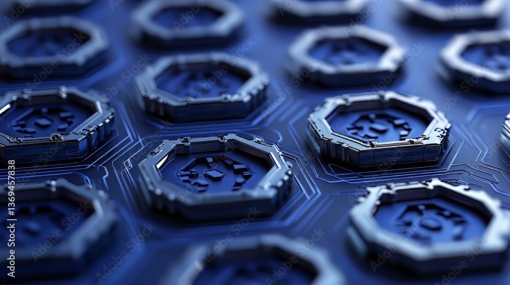 Poster hexagonal technological pattern with circuits, futuristic abstract grid arrangement in blue tones.