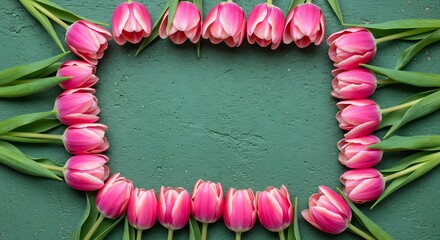 Pink Tulips Frame Green Background Soft Light. AI Generated