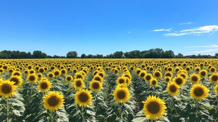 Obraz premium A vast sunflower field stretching to the horizon under a bright blue sky, capturing the warmth and vibrancy of summer.