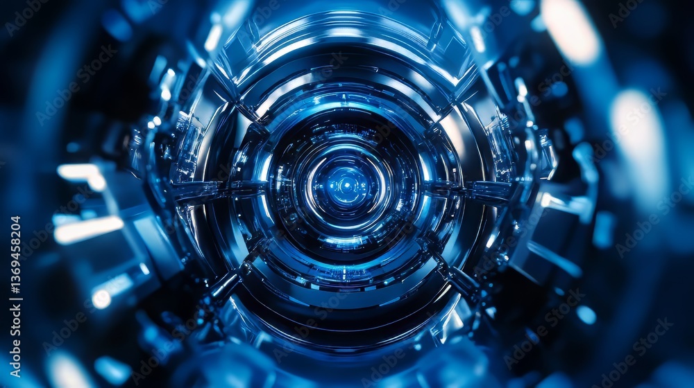 Poster abstract blue tunnel with reflective surfaces, creating a futuristic and technological atmosphere.