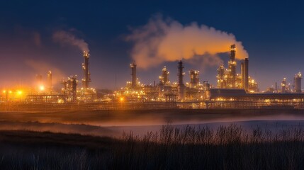 Fototapeta premium Petrochemical plant where cracking units change shape constantly, reactor vessels emit soft light, machinery that seems to be part of the earth.