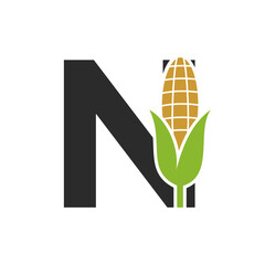 Agriculture Logo Design On Letter N With Corn Symbol for Farm Logo Template