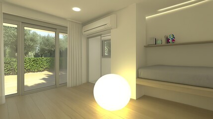 A modern room with a large window and a glowing sphere