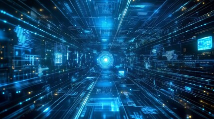Abstract digital tunnel with glowing blue light. Sci-fi technology concept for networks and future tech.