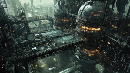 Fototapeta premium Petrochemical plant where cracking units are translucent, reactor vessels filled with stars, machinery that bends reality around it.