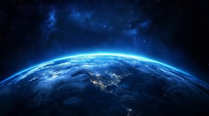 Obraz premium Earth from space showcases illuminated continents against the dark expanse of the universe and starry sky.