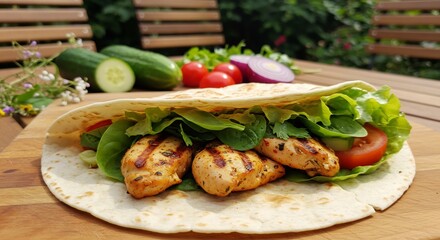 Grilled chicken wrap sunlight vibrant colors fresh ingredients. AI Generated