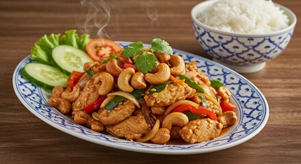 Cashew Chicken Stir Fry Steaming Hot Delicious Dish. AI Generated