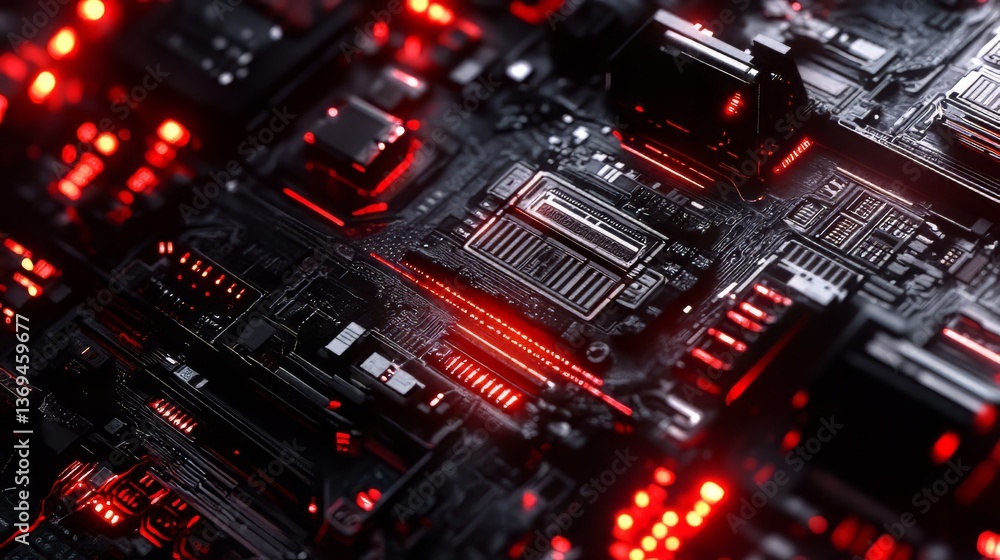Poster a technologically advanced dark gray circuit board glows with red lighting effects. futuristic techn