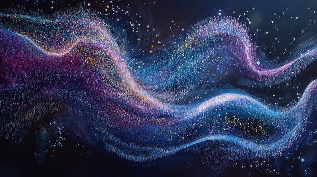 Abstract glowing particle wave background with blue and purple bokeh lights