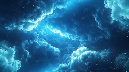 Fototapeta premium Celestial dreamscape: Blue clouds twinkle with starlight, creating an ethereal, otherworldly atmosphere.