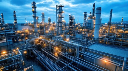 Petrochemical plant where cracking units float, reactor vessels glow like stars, and pipes pulse like veins in a living organism.