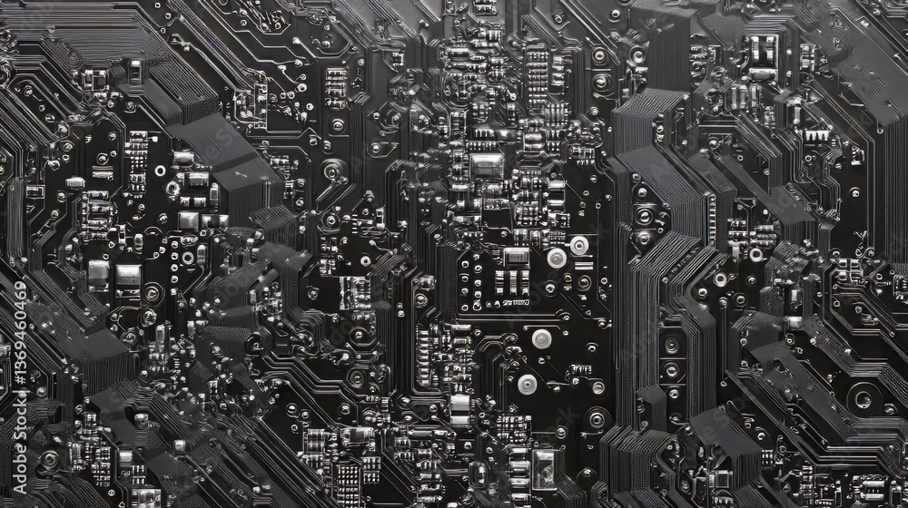 Poster detailed view of a black circuit board featuring intricate pathways and components. digital technolo