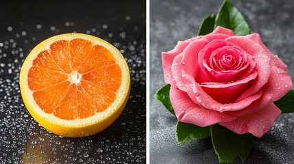Grapefruit Slice and Pink Rose with Water Droplets - Freshness and Beauty