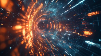 Obraz premium Abstract data tunnel with glowing particles, simulating digital information highway with depth of field.