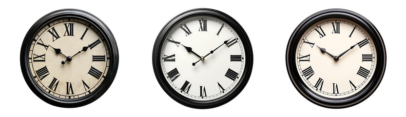 Set of classic round wall clocks with black numerals and hands isolated on a white or transparent background.