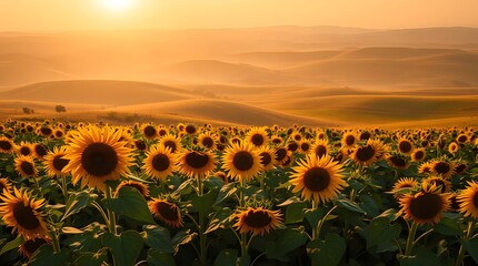 Fototapeta premium Sunrise over sunflower field, rolling hills