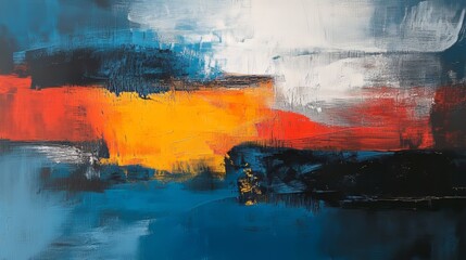 Abstract painting with bright colors and bold brushstrokes evokes emotions with its contrasting textures.