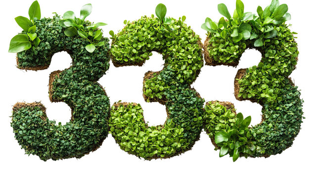 Numbers 333 with green leaves: A creative representation of the number "333" crafted with vibrant green leaves and lush foliage, symbolizing growth, harmony, and the beauty of nature.