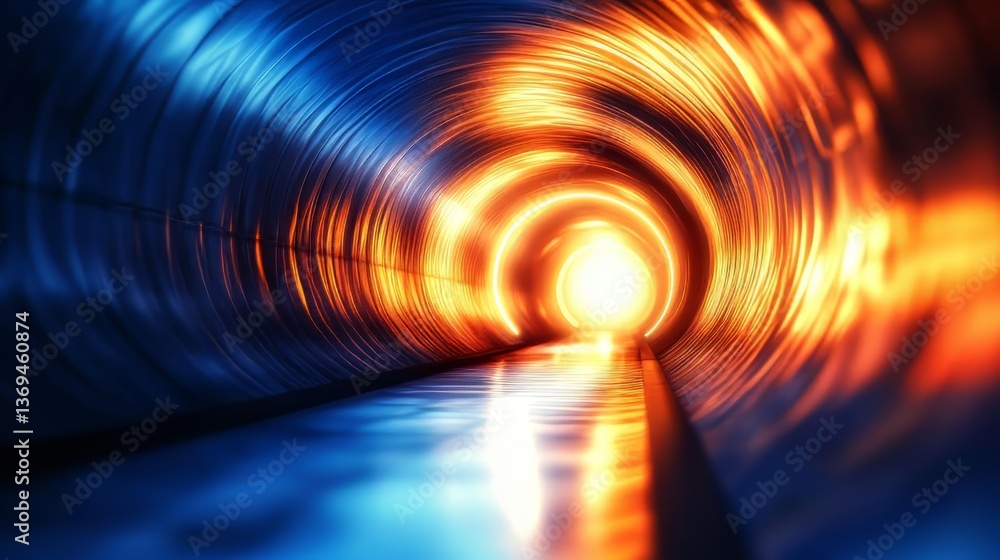 Aufkleber abstract view inside a tunnel with light at the end and blue and orange reflective surface